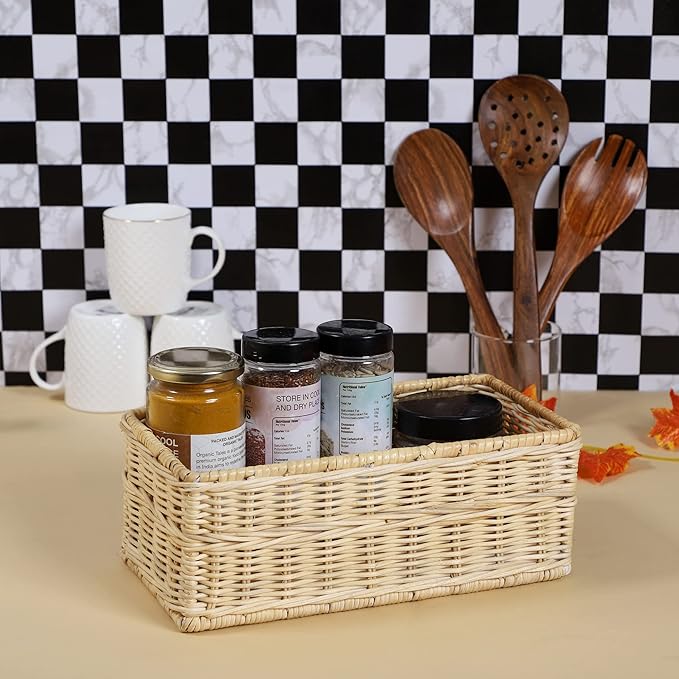 Natural Rattan Wicker Organizer Tray – Handwoven Rectangular Storage & Bathroom Counter Tray | for Toiletries, Accessories & Home Décor